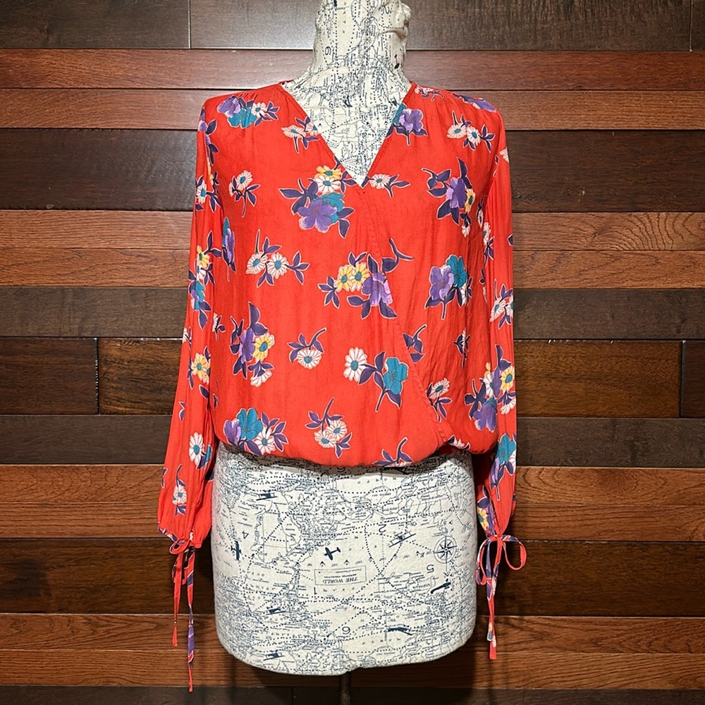 Collective Concepts V Neck Long Sleeve Orange Floral Faux Wrap Blouse